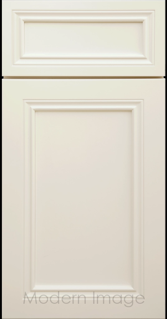 Close-up of Corona cabinets in Canvas color with mitered molding and flat center panel.